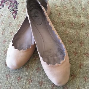 Chloe ballerina, scalloped flats, in nude leather.